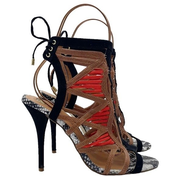 River Island Strappy Caged Mixed Print Heels Black Coral Tan Women’s 7 US | 5 UK - Picture 8 of 16